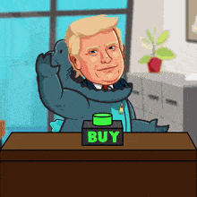a cartoon of donald trump sitting at a desk with a box that says buy on it