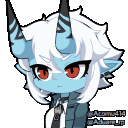 a cartoon of a demon with horns and red eyes .