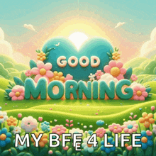a cartoon landscape with flowers and a heart that says good morning my bff 4 life