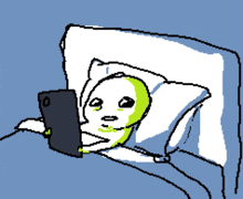 a pixel art drawing of a person in bed looking at a cell phone