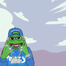 a cartoon of a frog wearing a blue hoodie and a young peezy hat