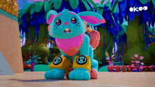 a colorful cartoon rabbit is wearing roller skates