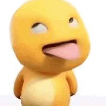 a yellow cartoon character with a pink tongue sticking out of its mouth .