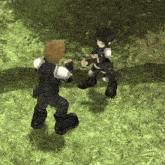 two cartoon characters are standing in the grass and one has a gun