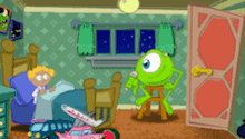 a cartoon of mike wazowski in a bedroom