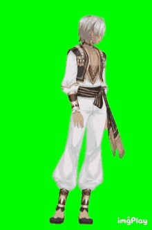 a man with white hair is standing on a green screen .