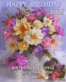 a bouquet of flowers in a vase with the words `` happy birthday july birthday blessings today and through the year ! ''