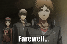 a group of anime characters standing next to each other with farewell written on the bottom right