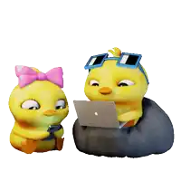 a cartoon chicken wearing sunglasses and a pink bow sits next to a chicken wearing a laptop