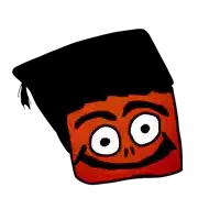 a cartoon drawing of a red square with a black hat and a smiling face