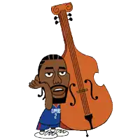 a cartoon of a basketball player holding a double bass with the number 2 on his jersey