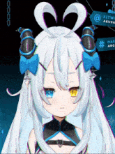 a close up of a girl 's face with a blue bow and horns