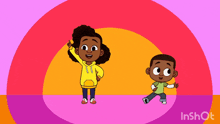 a boy and a girl are standing next to each other and the girl is pointing
