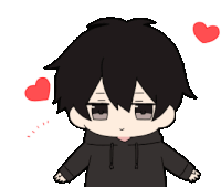 a cartoon of a boy in a black hoodie with hearts around him .