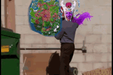 a man is standing next to a dumpster holding a map of a video game .