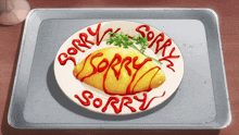 a plate of food with ketchup and the words sorry on it