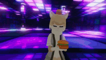 a cartoon character is holding a hamburger in a room with purple lights