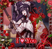 a picture of a girl holding a sword with the words " i love you " on the bottom