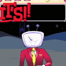 a pixel art drawing of a man with a tv head and the words it 's