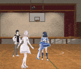 a group of anime characters are standing on a court with a basketball hoop in the background
