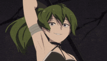 a girl with green hair and purple eyes is holding a stick