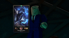 a man in a suit and tie stands in front of a moonlight legend advertisement