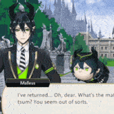 a cartoon character named malleus is talking to a stuffed toy