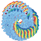 a bunch of rainbow dash ponies are in a circle on a white background