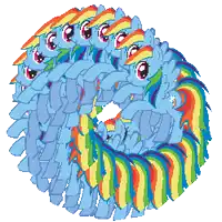 a bunch of rainbow dash ponies are in a circle on a white background
