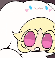 a cartoon drawing of a girl with pink eyes and a white hat