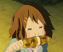 a cartoon girl is eating a corn on the cob with her eyes closed