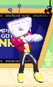 a pixel art of a person dancing in front of a breaking news sign