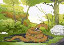 a drawing of a snake and a cat in a jungle