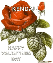 a red rose with green leaves and the name kendall on it