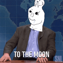 a man in a suit is sitting at a table with the words to the moon written on the table