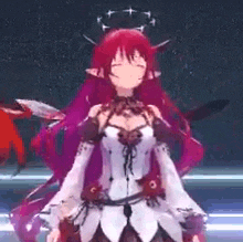 a girl with red hair and a crown on her head is standing on a stage in a video game .
