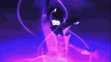 a purple background with a person in a black hood