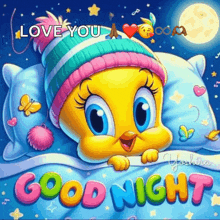 a tweety bird wearing a hat is laying on a pillow with the words good night below it