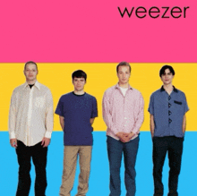 a group of men standing next to each other with the word weezer on the bottom