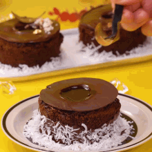 a close up of a chocolate cake with coconut on top