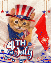 a cat wearing an uncle sam hat is on a 4th of july postcard