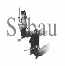 a drawing of two samurai standing next to each other with the word syau in the background