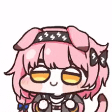 a cartoon drawing of a girl with pink hair and a bow on her head .