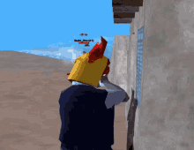 a man wearing a yellow bucket on his head holds a gun in a video game