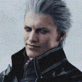 a close up of a man with blue hair wearing a black jacket and looking at the camera .