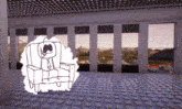 a drawing of a man sitting in a chair in a room with columns .