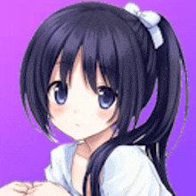 a girl with black hair and blue eyes is wearing a ponytail and a white shirt .