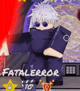a cartoon character is standing in front of a sign that says fatal error .