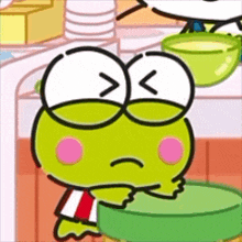 a cartoon frog is sitting on a green stool with a sad look on his face .