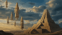 a group of statues are flying in the sky above an ancient building